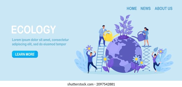 Save earth planet, ecology, energy. Volunteers planting flowers. Use renewable resources for protect nature people grow plants, doing farming job, watering tree. World Environment Day