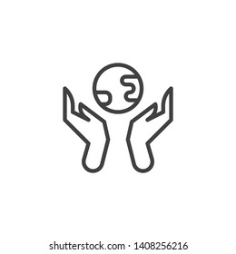 Save earth planet line icon. linear style sign for mobile concept and web design. Hands with earth globe outline vector icon. Ecology and environment care symbol, logo illustration. Vector graphics