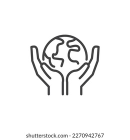 Save Earth planet line icon. linear style sign for mobile concept and web design. Hands holding earth globe outline vector icon. Symbol, logo illustration. Vector graphics