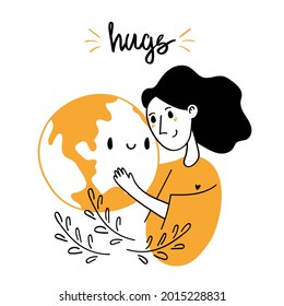 Save the Earth, the planet, our home. Happy girl hugs the planet. Happy Earth Day. The concept of caring for the planet, nature. Flat vector illustration 