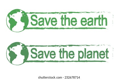 Save the earth, save the planet, scratch grunge graffiti print sign with planet earth icon in green color isolated on white