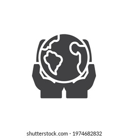 Save the Earth planet vector icon. filled flat sign for mobile concept and web design. Hands with world globe glyph icon. Symbol, logo illustration. Vector graphics