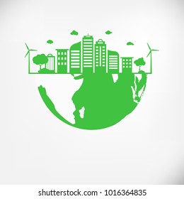 Save Earth Planet World Concept. World environment day. green modern urban city on green globe, safe the world , Natural and Ecology concept