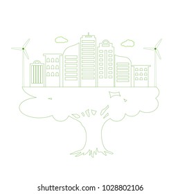 Save Earth Planet World Concept. World environment day concept. Green modern urban cityscape outline on green tree, safe the world, ecology concept.