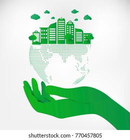 Save Earth Planet World Concept. World environment day concept. green modern urban city on green dot globe, ecology concept. 