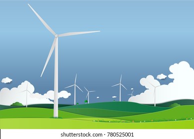 Save Earth Planet World. Wind turbine on green grass field. ecology concept.