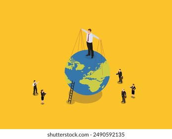 Save the Earth. Political and business games. Puppet string to control the world 3d isometric vector illustration