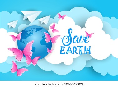 Save Earth Poster Background Over Blue Sky And Clouds