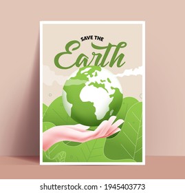 Save the Earth poster or card or invitation on banner design template for International Earth Day with hand holding Earth planet on green floral background. Vector illustration