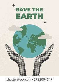 Guardar Afiche de la Tierra con planeta y manos. Concepto de protección del medio ambiente con collage retro y textura de semitono. Ilustración vectorial de la Vertical