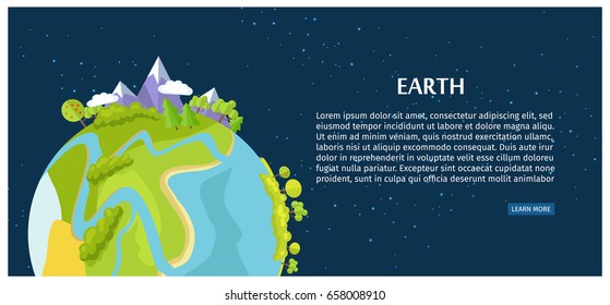 Save Earth poster view on planet from outer space, trees and mountains, seas and oceans are seen, vector illustration banner with written text