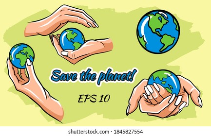 Save the earth, protect our planet, eco ecology, climate changes, Earth Day April 22, planet with ribbon and typing vector emblem or illustration isolated