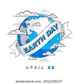 Save the earth, protect our planet, eco ecology, climate changes, Earth Day April 22, planet with ribbon and typing vector emblem or illustration isolated over white background.