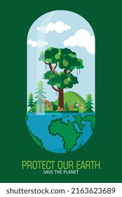 Save Earth, Protect Earth, World Environment Day with Nature, Forest, Trees, World Map, and Animals in Capsule Form