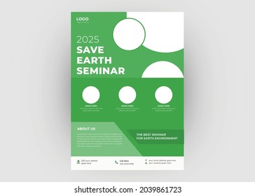 Save the earth seminar flyer template. Global warming poster leaflet design. Flyer in A4, brochure design, cover modern layout, annual report, poster