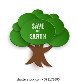 Save the Earth Stamp on Paper Cut Tree, Vector Eco Concept, motivation card for Earth day, isolated design element