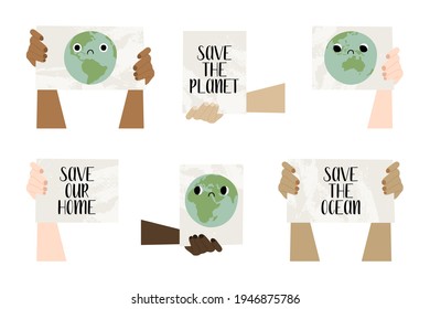 Save Earth, stop pollution. Hands holding banners. Activists with placards for demonstration. Cute planet Earth character with sad face, kawaii globe. Social issue. Vector flat cartoon illustration