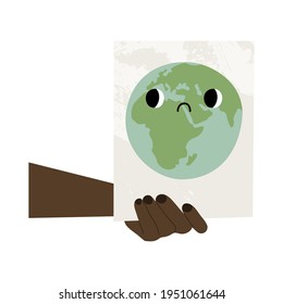 Save Earth, stop pollution. Hands holding banner. Activist with placard for demonstration. Cute planet Earth character with sad face, kawaii globe. Social issue. Vector flat cartoon illustration