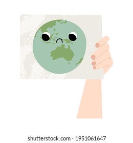 Save Earth, stop pollution. Hands holding banner. Activist with placard for demonstration. Cute planet Earth character with sad face, kawaii globe. Social issue. Vector flat cartoon illustration