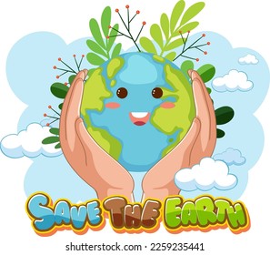 Guardar el texto de la tierra con una ilustración de carácter de tierra feliz