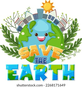 Save the earth text with a happy earth character illustration