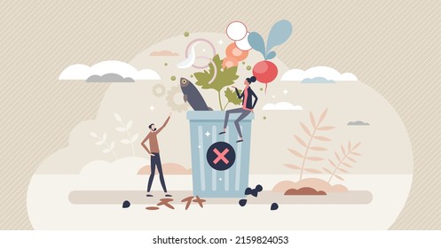 Save Earth And Throw Away Less Food To Avoid Garbage Tiny Person Concept. Zero Waste For Sustainable And Environmental Consumerism Problem Solution Vector Illustration. Reduce Eating Leftovers Junk.