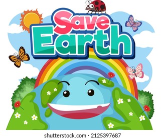 Save Earth typography logo with smile earth and rainbow illustration