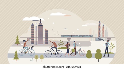 Save earth and use walking, cycling and public transport tiny person concept. Avoid private cars to reduce CO2 emissions pollution and support ecological and sustainable lifestyle vector illustration.