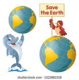 Save the Earth vector illustration with cartoon dolphin and sparrow.  On white background. Elements is grouped.