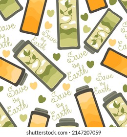 Save the earth. Vector illustration. Seamless Pattern. Light  background, wallpaper. Batteries. Energy saving. Alternative Energy Sources. Ecology