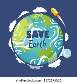 Save Earth vector, planet with clouds and sky, launched rocket flying around celestial body flat style. Protection of motherland, spaceship and smoke