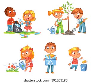 Save Earth. Waste recycling. Children planted young trees. Girl watering flowers from watering can. Kids gathering plastic bottles for recycling. Boy throws litter into bin. Isolated white background