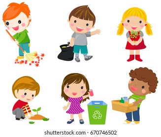 Save Earth. Waste Recycling. Children Planted Young Trees. Girl Watering Flowers From Watering Can. Kids Gathering Plastic Bottles For Recycling. Isolated White Background