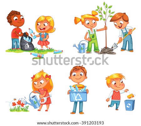 Save Earth. Waste recycling. Children planted young trees. Girl watering flowers from watering can. Kids gathering plastic bottles for recycling. Boy throws litter into bin. Isolated white background