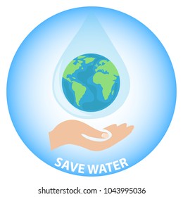 Save the Earth water. The hand holds the planet Earth in the form of a drop of water on the palm of your hand. Ecological banner. Flat design, vector illustration, vector.