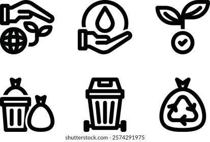 save earth, save water, organic, waste, bin, zero waste outline icon for web mobile app presentation printing