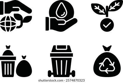 save earth, save water, organic, waste, bin, zero waste solid or glyph icon for web mobile app presentation printing