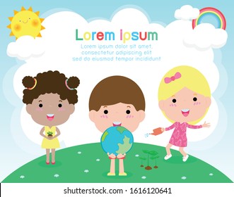 save the Earth, World Ozone Day, children love for the Earth and care for the environment, save the planet, ecology concept vector illustration isolated on background Template for advertising brochure