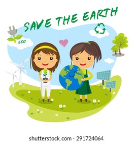 Save the Earth, save the world, save planet, ecology concept, cartoon character