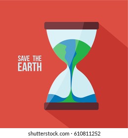 save the earth & world simple illustration on red flat design style background. close up on a classic clean elegance Hourglass with Globe flowing & melting & trickle with text. time flies and leave