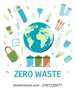 Save Earth. Zero waste reusable items - fabric bag, purse, container, water bottle, cup, glass jars, eco bag, thermo mug, wooden cutlery, toothbrush, menstrual cup, green light bulb.