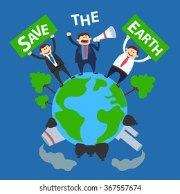 save the earth.ecology concept illustration.man with megaphone .men with banner.planet trees garbage factory smoke