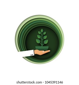 Save the earth.Hand holding green plant.Nature,eco friendly and recycle concept of ecology and environment conservation paper art style design.Vector illustration.