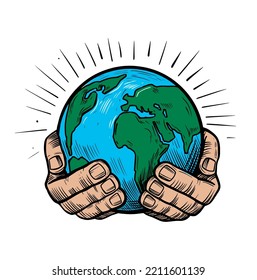 Save the Earth.Hands holding planet. vector sketch illustration