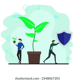 Save eco green concept. Man push shield as symbol of protection and other man hold lightbulb sustainable energy. Green energy, reuse, save earth, environment, renewable energy. Flat vector design. 