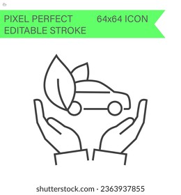 Save ecological car . Hands holding recycling sign. Thin line icon. Vector illustration. ecology icons .Editable Stroke. 64x64 Pixel Perfect.