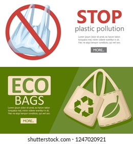Save ecology concept. Fabric cloth or paper bag. Bags with recycling, green leaf and ECO symbols. Replacement plastic bags. Save Earth ecology. Flat vector illustration on white background.