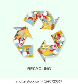 Save ecology concept. Recycle logo with various waste and word Recycling, blue background