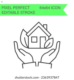Save ecology house . Hands holding recycling sign. Thin line icon. Vector illustration. ecology icons .Editable Stroke. 64x64 Pixel Perfect.