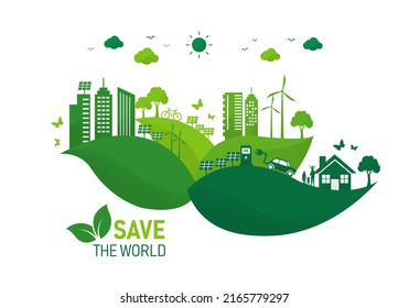 save ecosystem environment and energy on leaf. green ecology friendly city sustainable. eco family sustainable. solar cell and wind power. Earth nature day. vector illustration in flat style. 